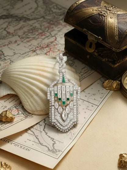Art Deco Platinum Diamond Emerald Pendant Necklace Lueur Jewelry