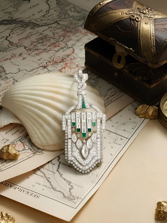 Art Deco Platinum Diamond Emerald Pendant Necklace Lueur Jewelry