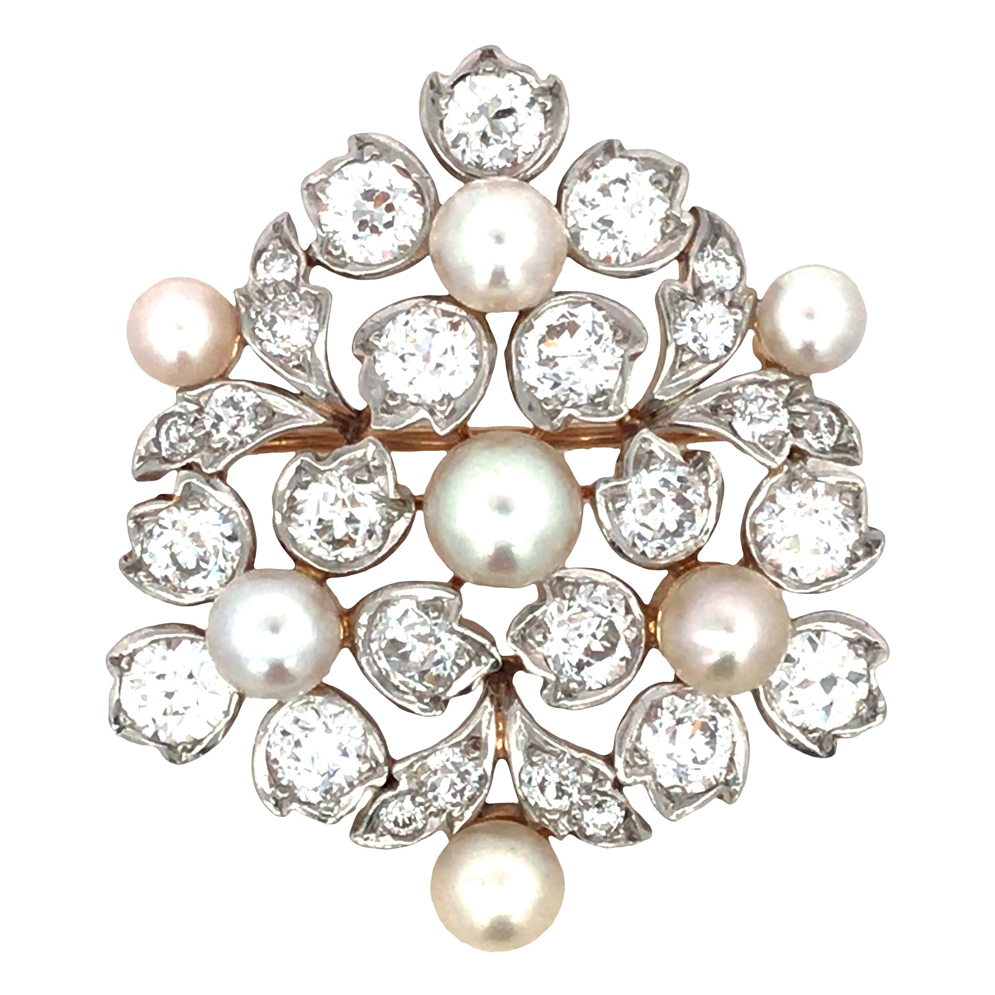 Tiffany, 18K Gold Natural Pearl Diamond Brooch, GIA Tiffany