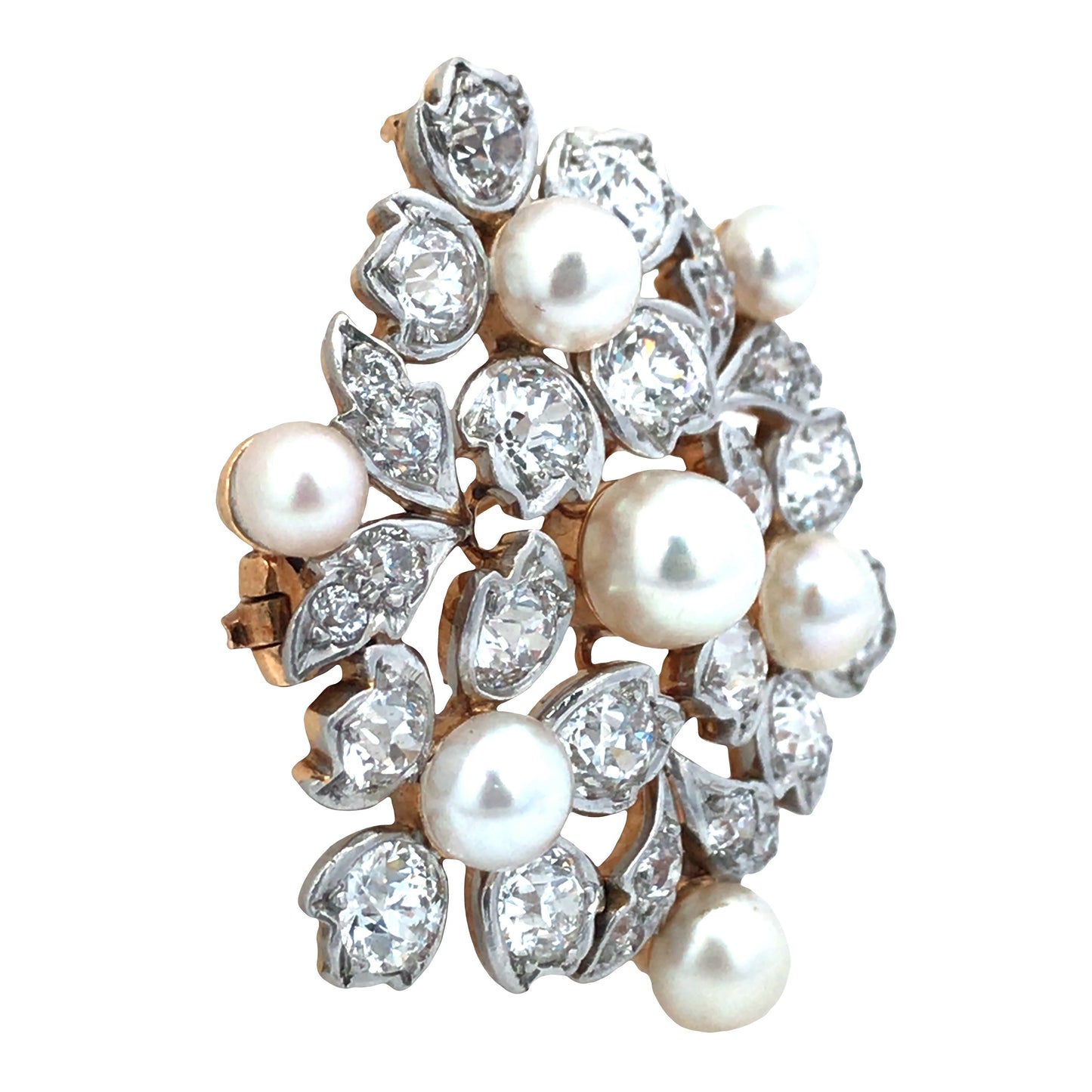 Tiffany, 18K Gold Natural Pearl Diamond Brooch, GIA Tiffany