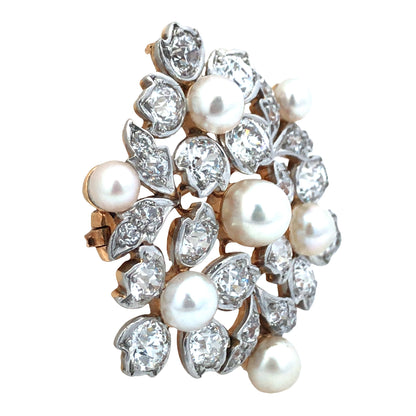Tiffany, 18K Gold Natural Pearl Diamond Brooch, GIA Tiffany