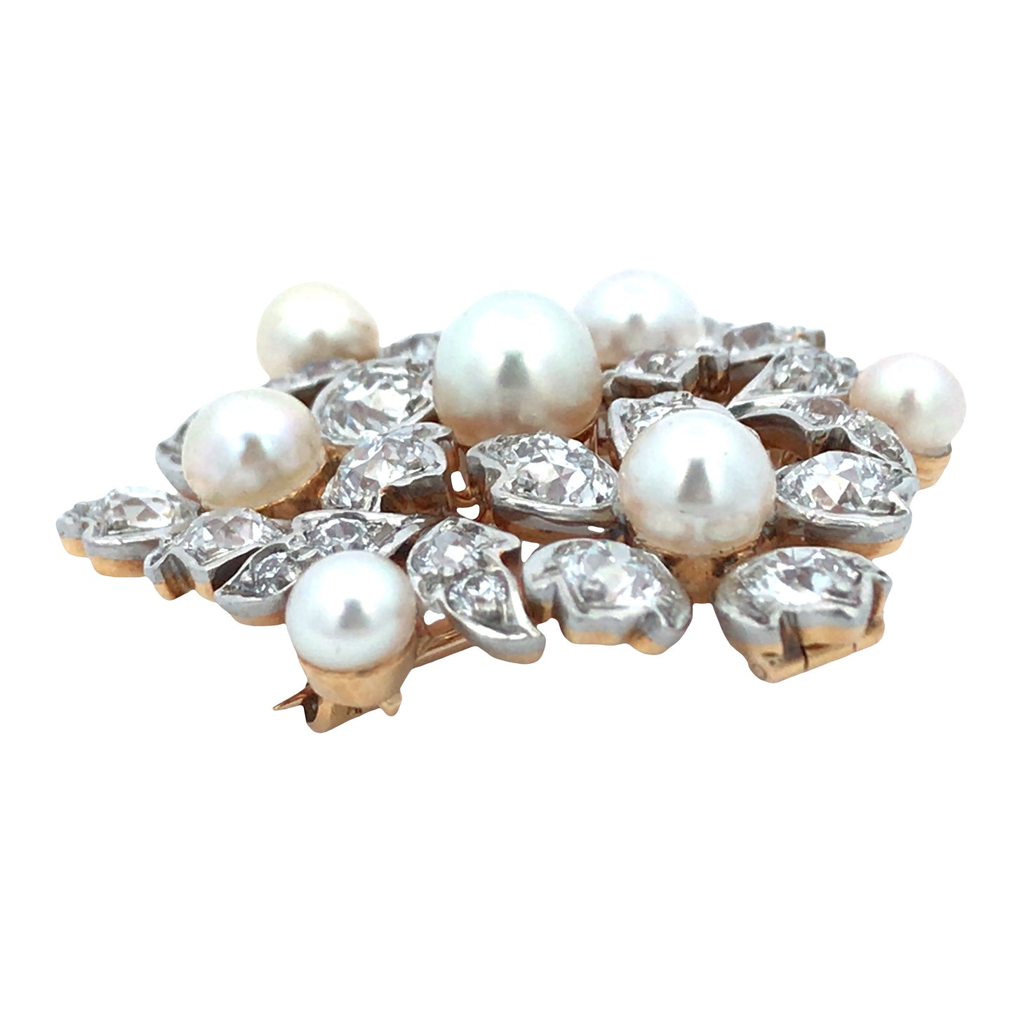 Tiffany, 18K Gold Natural Pearl Diamond Brooch, GIA Tiffany