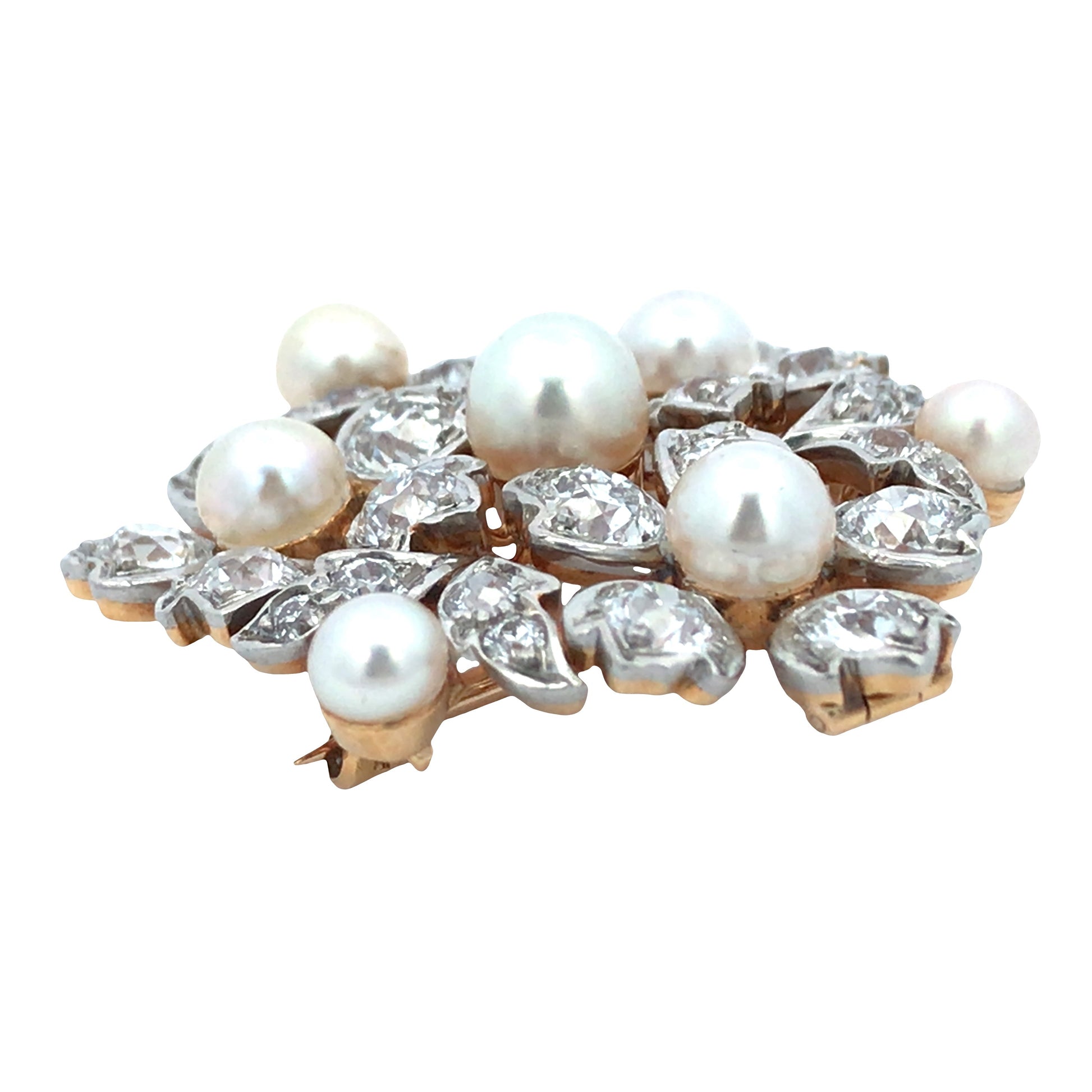 Tiffany, 18K Gold Natural Pearl Diamond Brooch, GIA Tiffany