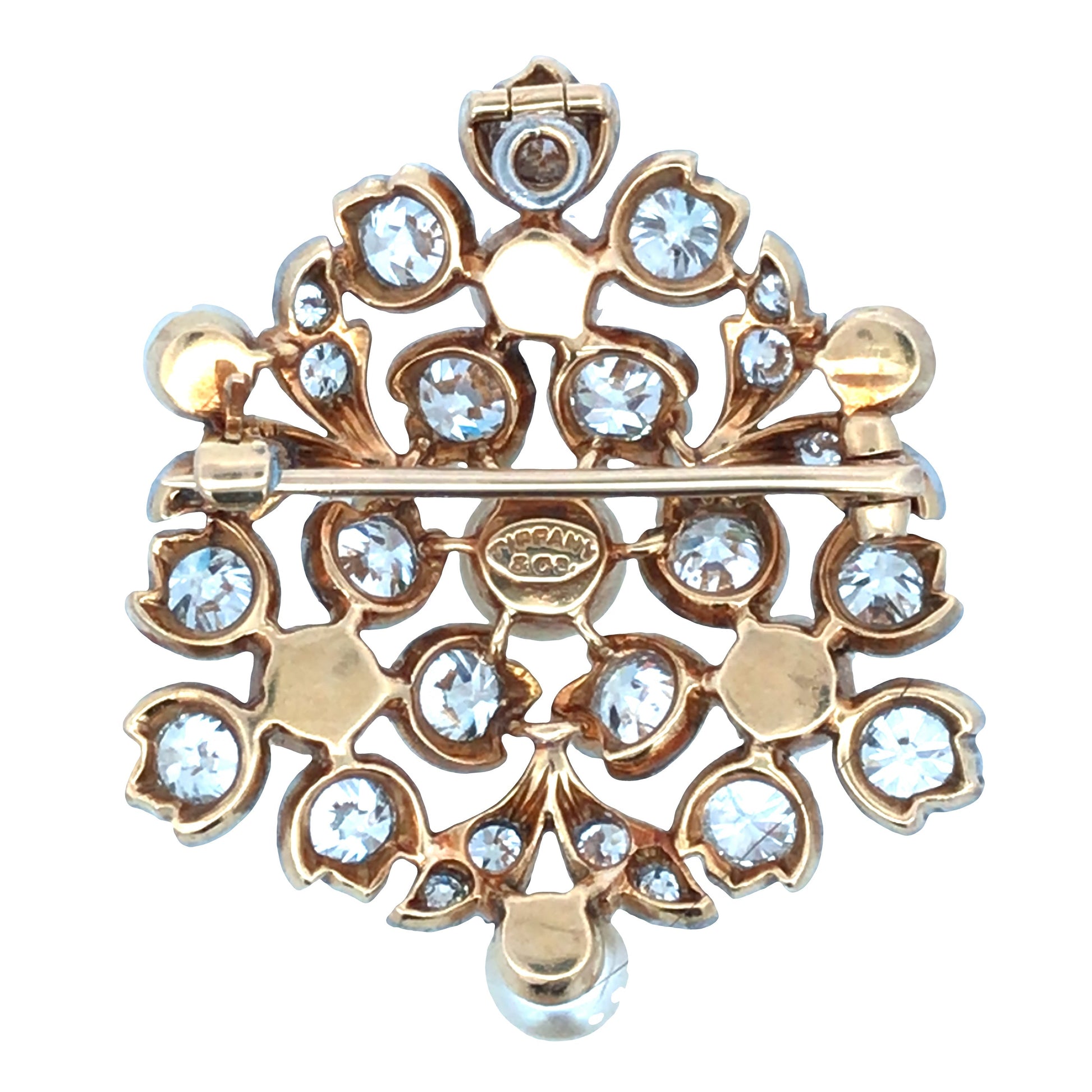 Tiffany, 18K Gold Natural Pearl Diamond Brooch, GIA Tiffany