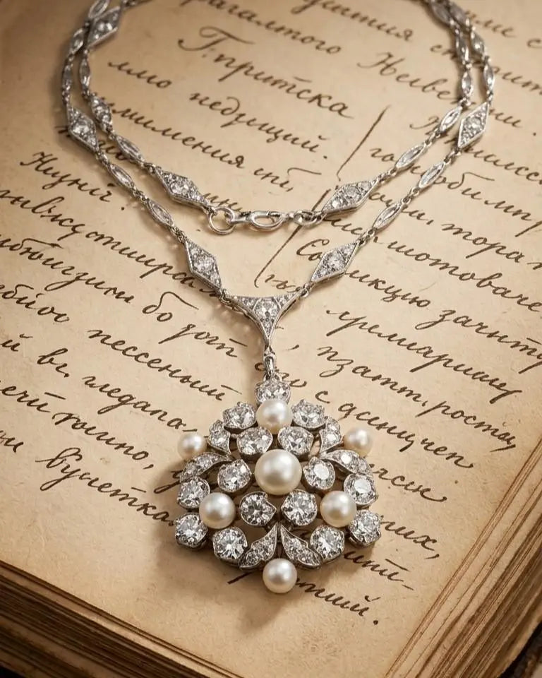Tiffany, 18K Gold Natural Pearl Diamond Necklace, GIA