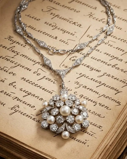 Tiffany, 18K Gold Natural Pearl Diamond Necklace, GIA