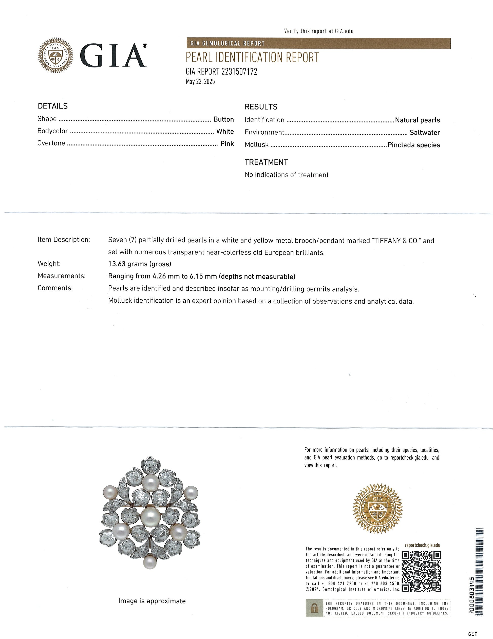 Tiffany, 18K Gold Natural Pearl Diamond Brooch, GIA Tiffany