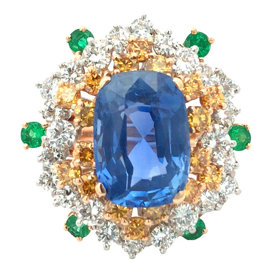 18K Gold 7.30ct Ceylon no-heat Sapphire Emerald Diamond Ring, AGL Lueur Jewelry