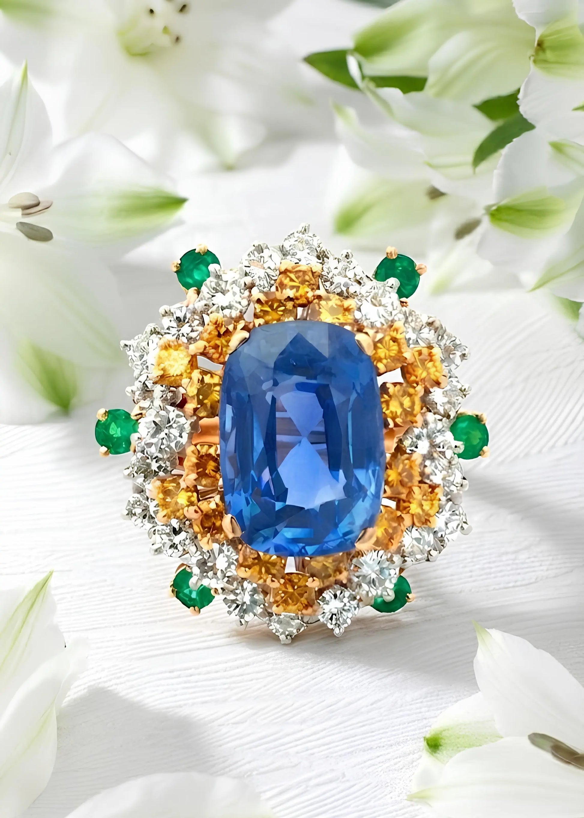 18K Gold 7.30ct Ceylon no-heat Sapphire Emerald Diamond Ring, AGL Lueur Jewelry