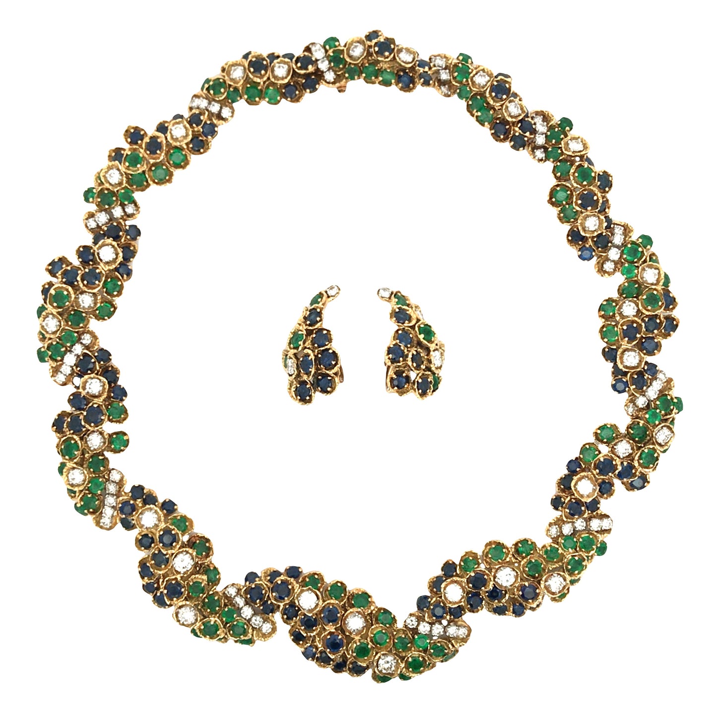 18K Gold Sapphire Emerald Diamond Necklace and Earrings Lueur Jewelry