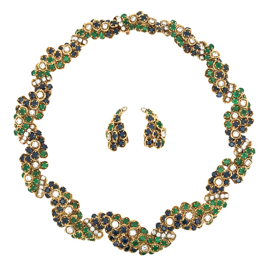 18K Gold Sapphire Emerald Diamond Necklace and Earrings Lueur Jewelry