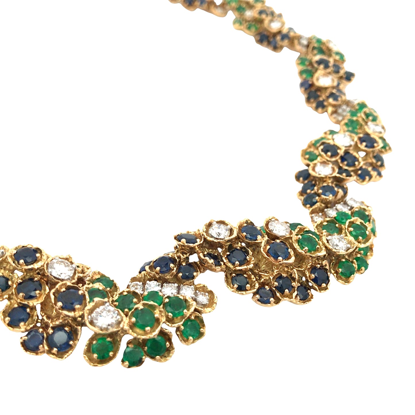 18K Gold Sapphire Emerald Diamond Necklace and Earrings Lueur Jewelry