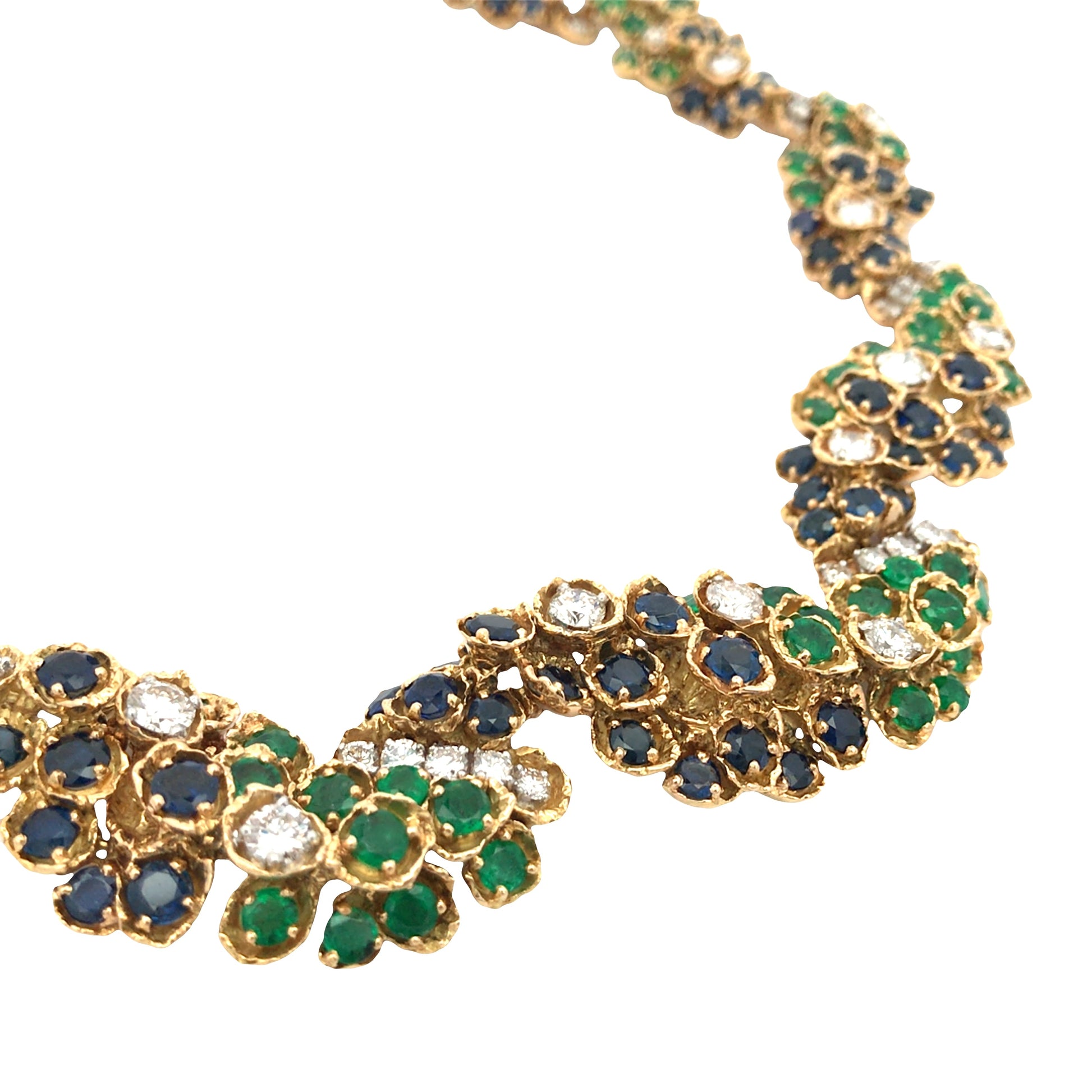 18K Gold Sapphire Emerald Diamond Necklace and Earrings Lueur Jewelry