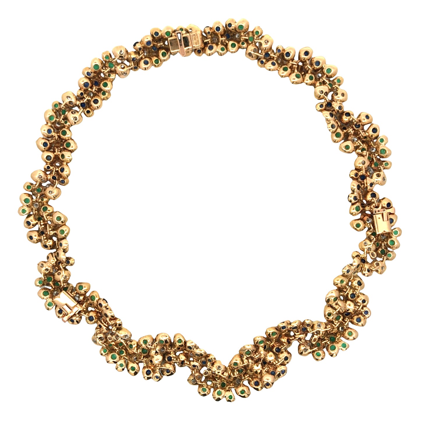 18K Gold Sapphire Emerald Diamond Necklace and Earrings Lueur Jewelry