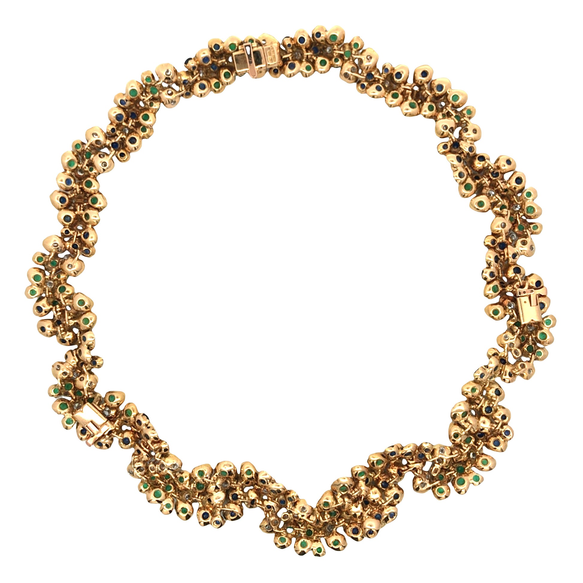 18K Gold Sapphire Emerald Diamond Necklace and Earrings Lueur Jewelry