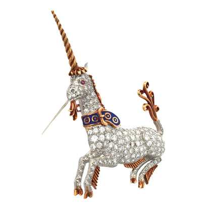 Platinum 18K Gold Diamond Unicorn Brooch Lueur Jewelry