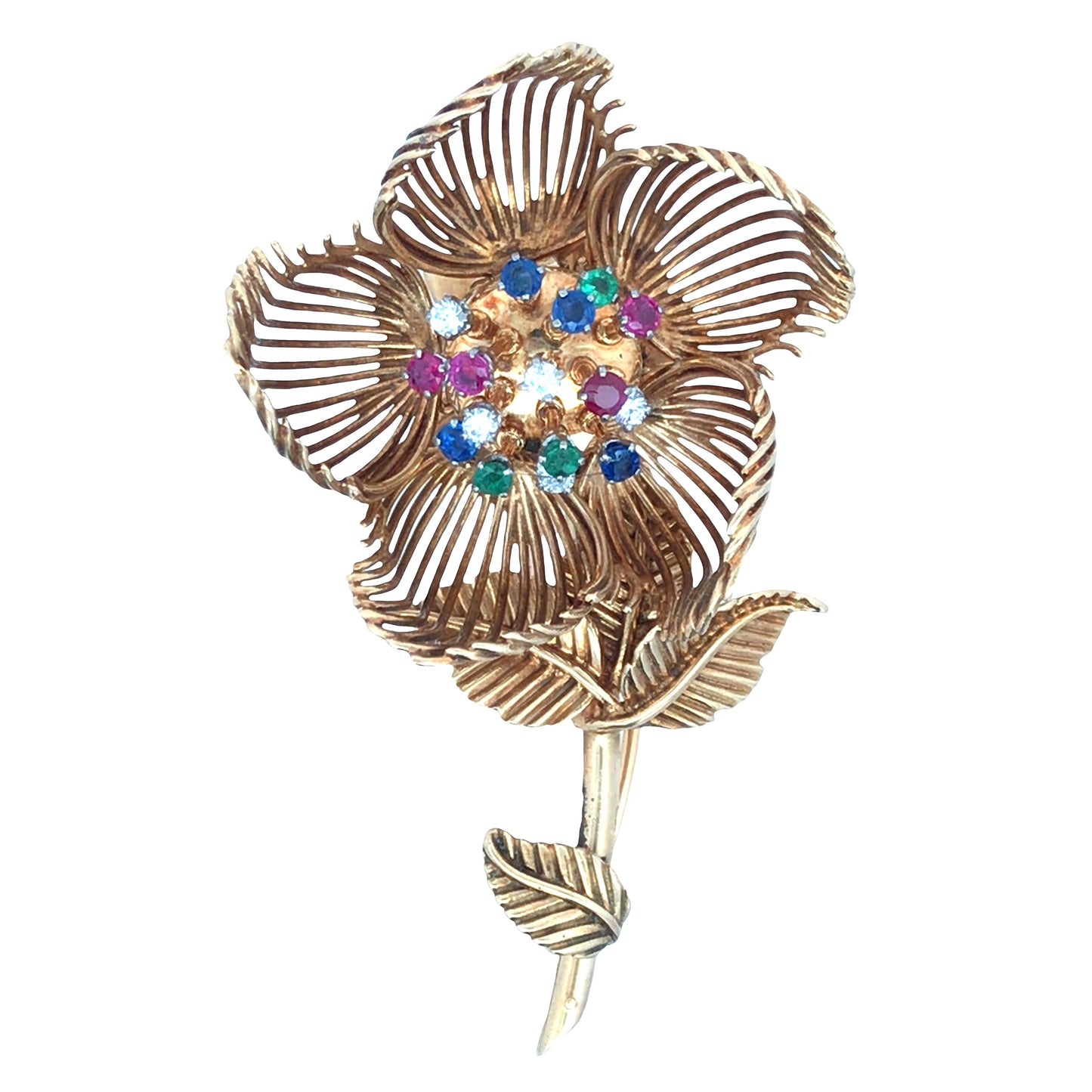 Cartier, 18K Gold Gemstone Diamond Flower Brooch Cartier
