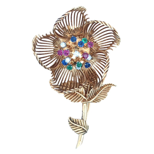 Cartier, 18K Gold Gemstone Diamond Flower Brooch Cartier