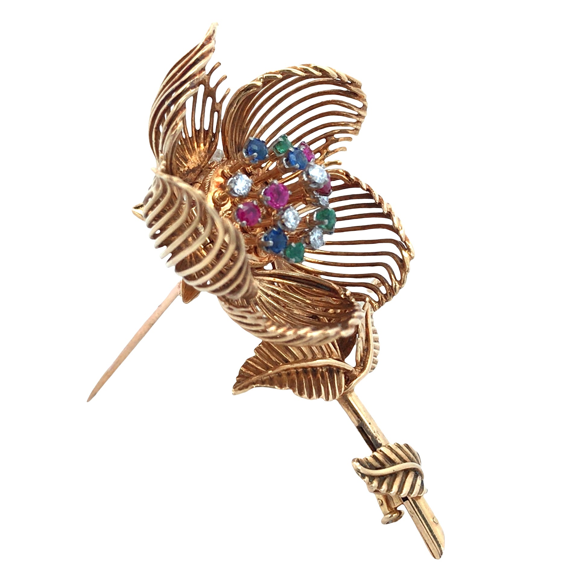 Cartier, 18K Gold Gemstone Diamond Flower Brooch Cartier