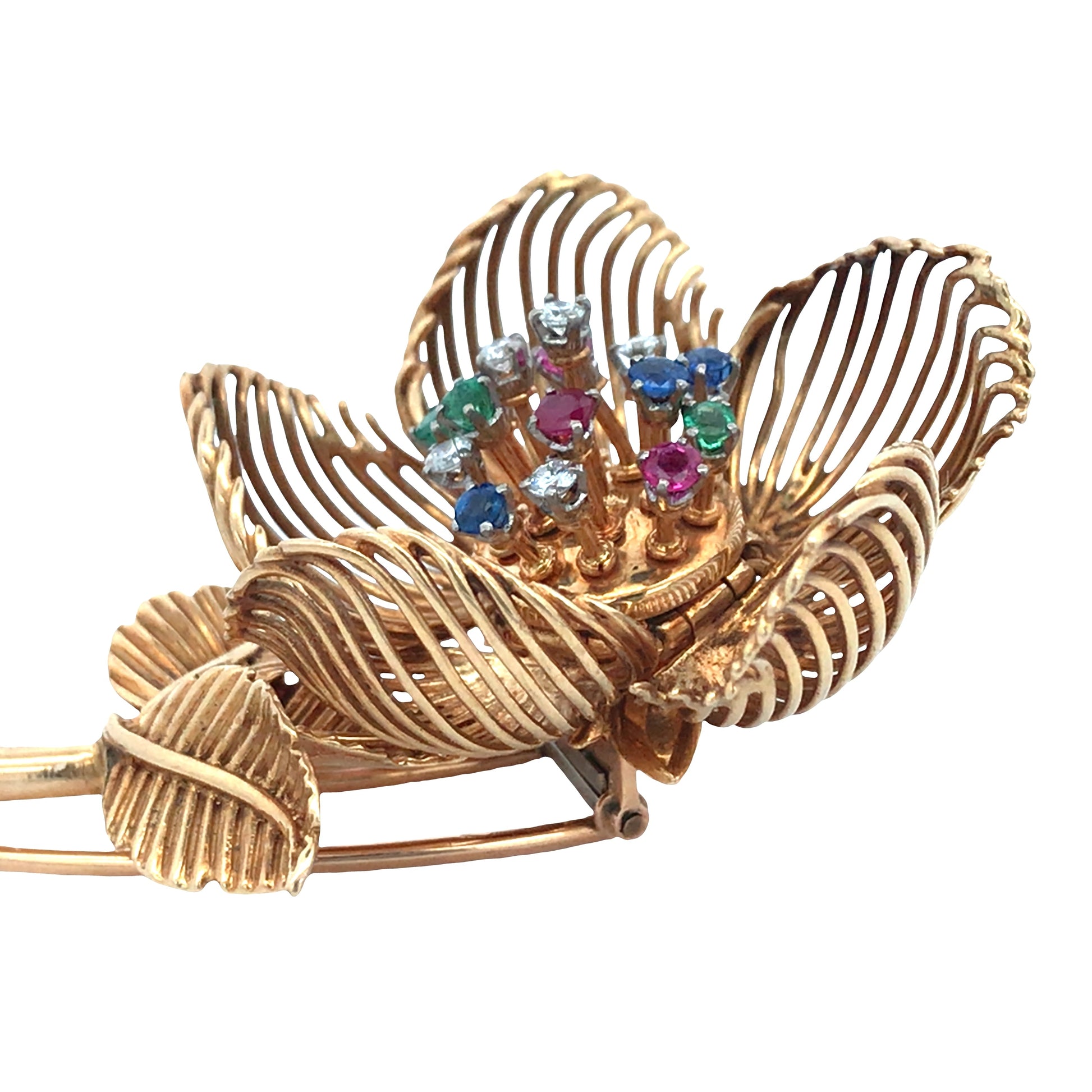 Cartier, 18K Gold Gemstone Diamond Flower Brooch Cartier