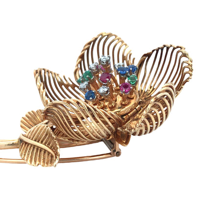 Cartier, 18K Gold Gemstone Diamond Flower Brooch Cartier