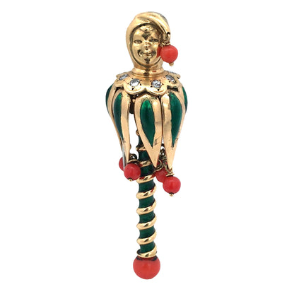 Van Cleef & Arpels, 18K Gold Enamel Coral Diamond Jester Brooch VCA
