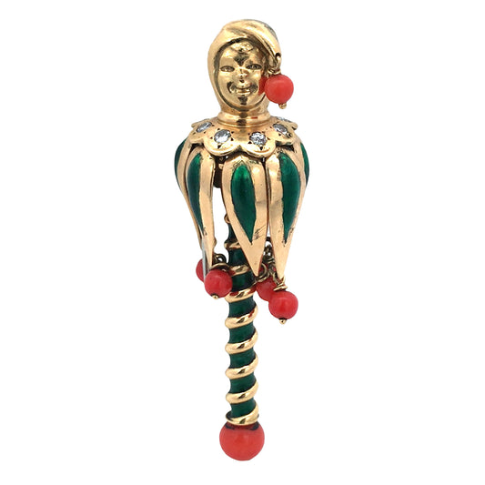 Van Cleef & Arpels, 18K Gold Enamel Coral Diamond Jester Brooch VCA