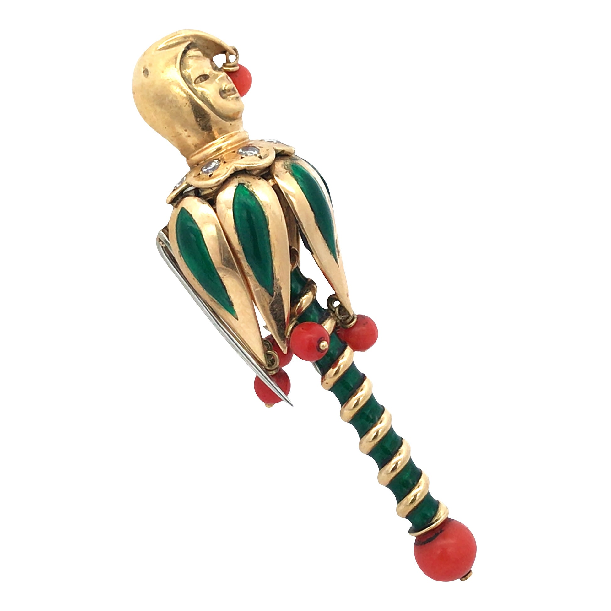 Van Cleef & Arpels, 18K Gold Enamel Coral Diamond Jester Brooch VCA