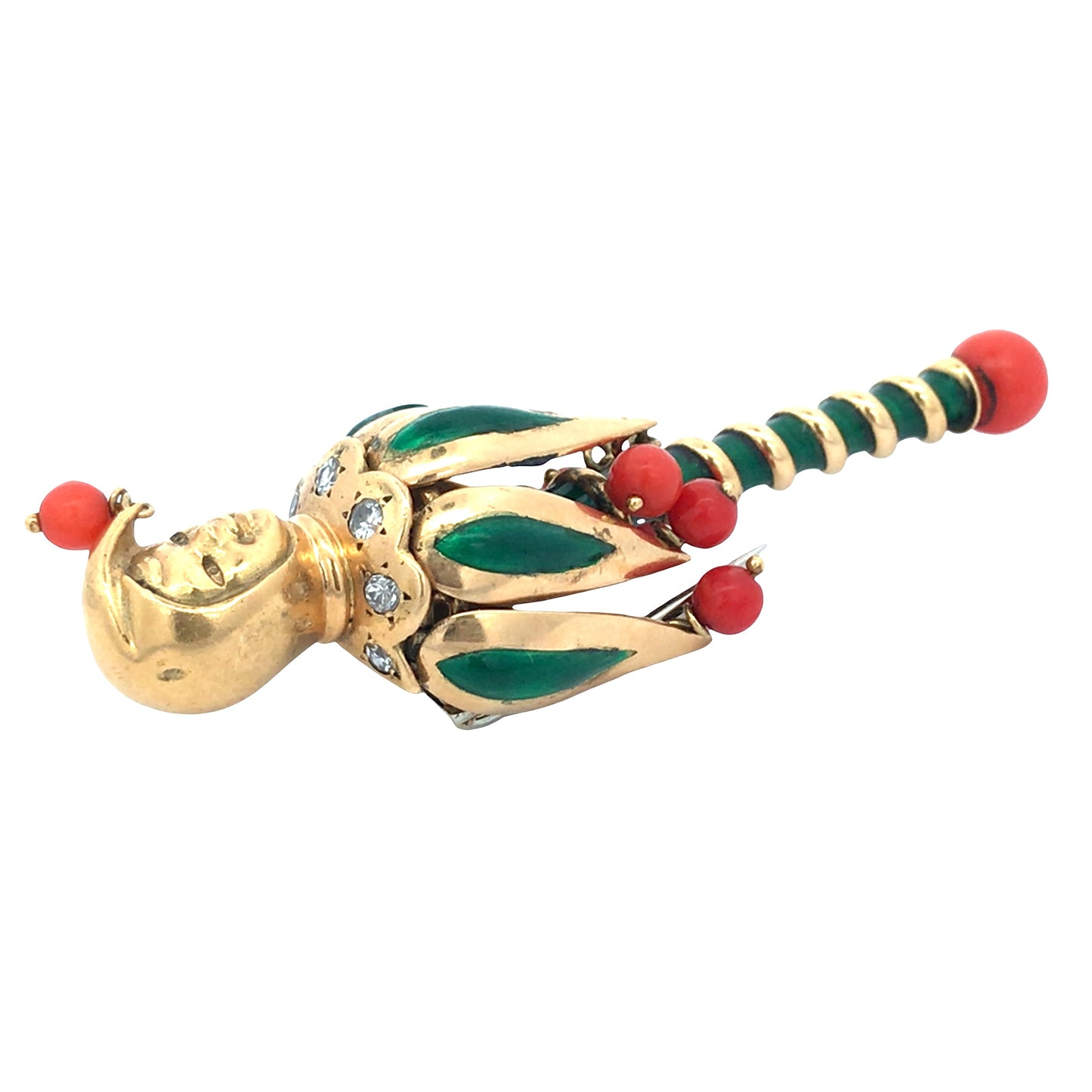 Van Cleef & Arpels, 18K Gold Enamel Coral Diamond Jester Brooch VCA
