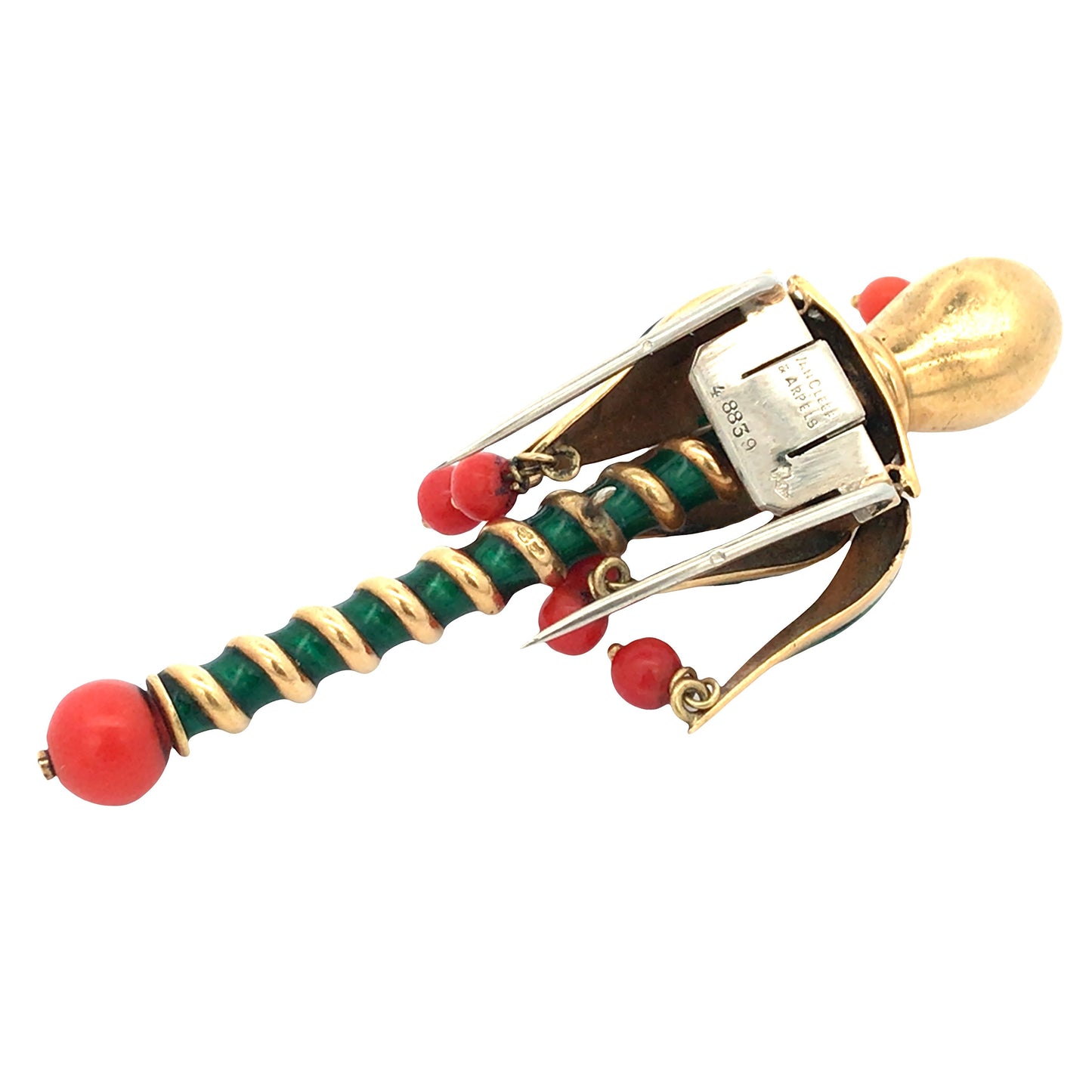 Van Cleef & Arpels, 18K Gold Enamel Coral Diamond Jester Brooch VCA