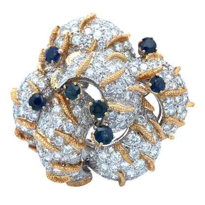 14K Gold Sapphire Diamond Flower Brooch Lueur Jewelry