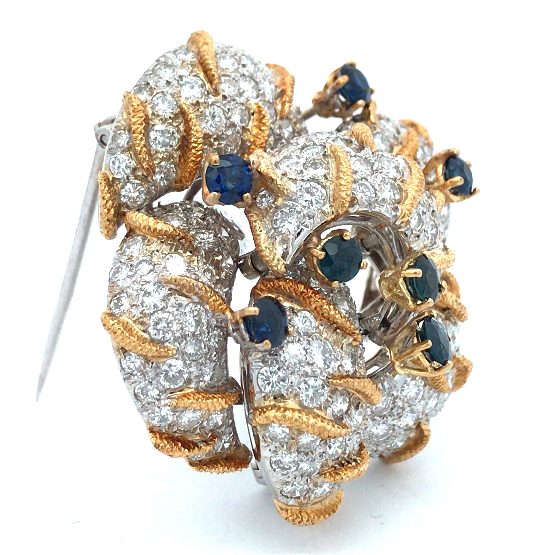 14K Gold Sapphire Diamond Flower Brooch Lueur Jewelry