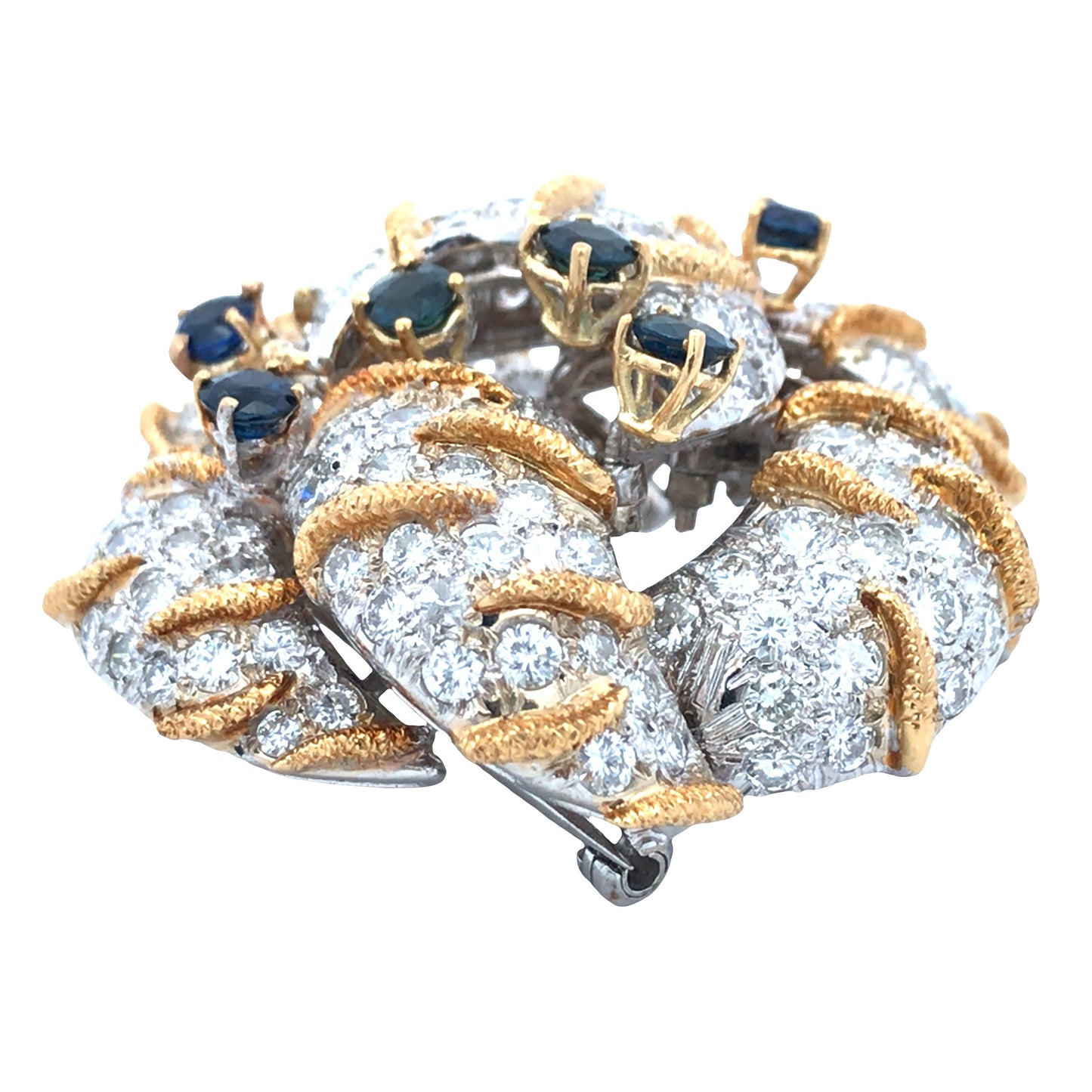 14K Gold Sapphire Diamond Flower Brooch Lueur Jewelry