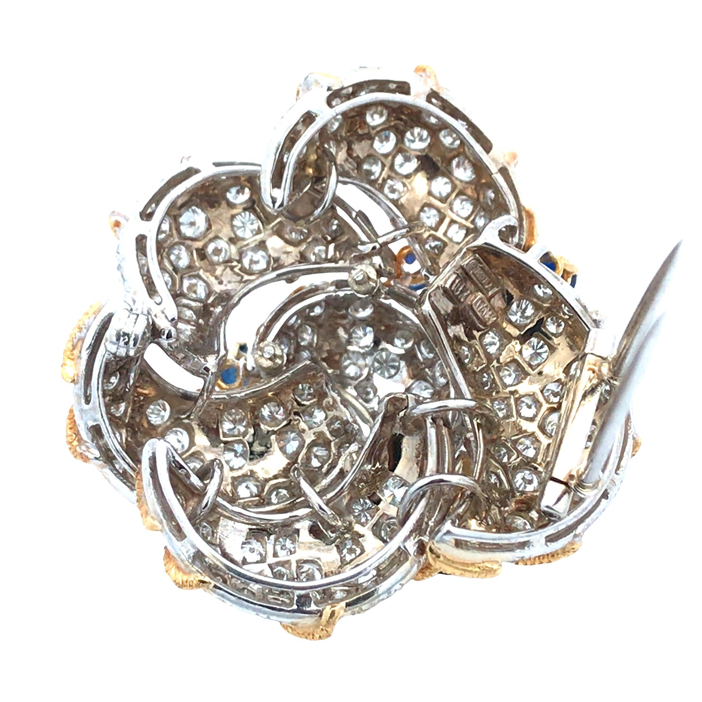 14K Gold Sapphire Diamond Flower Brooch Lueur Jewelry