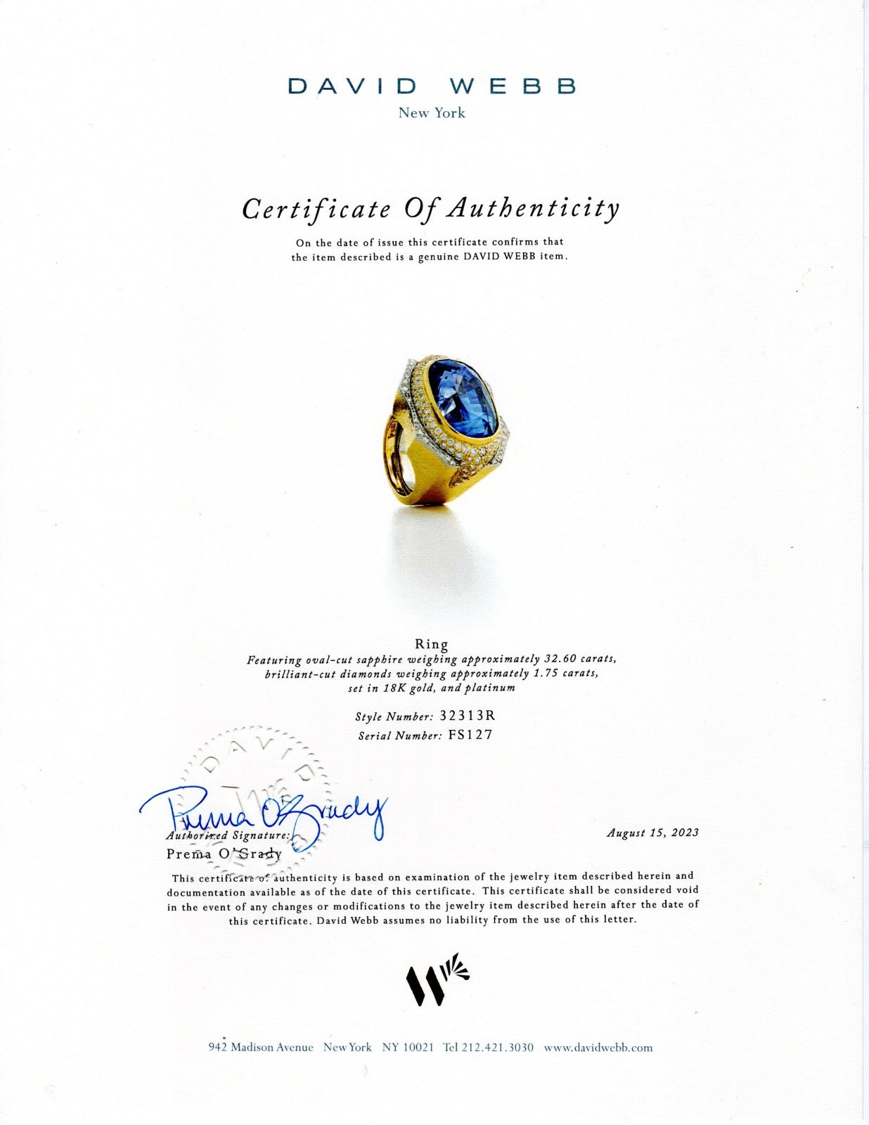 David Webb, Platinum 18K Gol 32.6ct Sapphire Diamond Ring David Webb