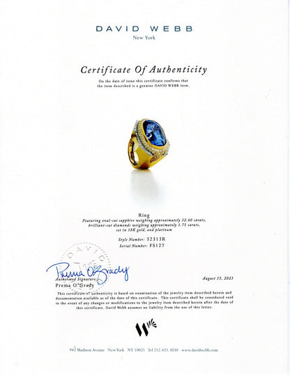David Webb, Platinum 18K Gol 32.6ct Sapphire Diamond Ring David Webb