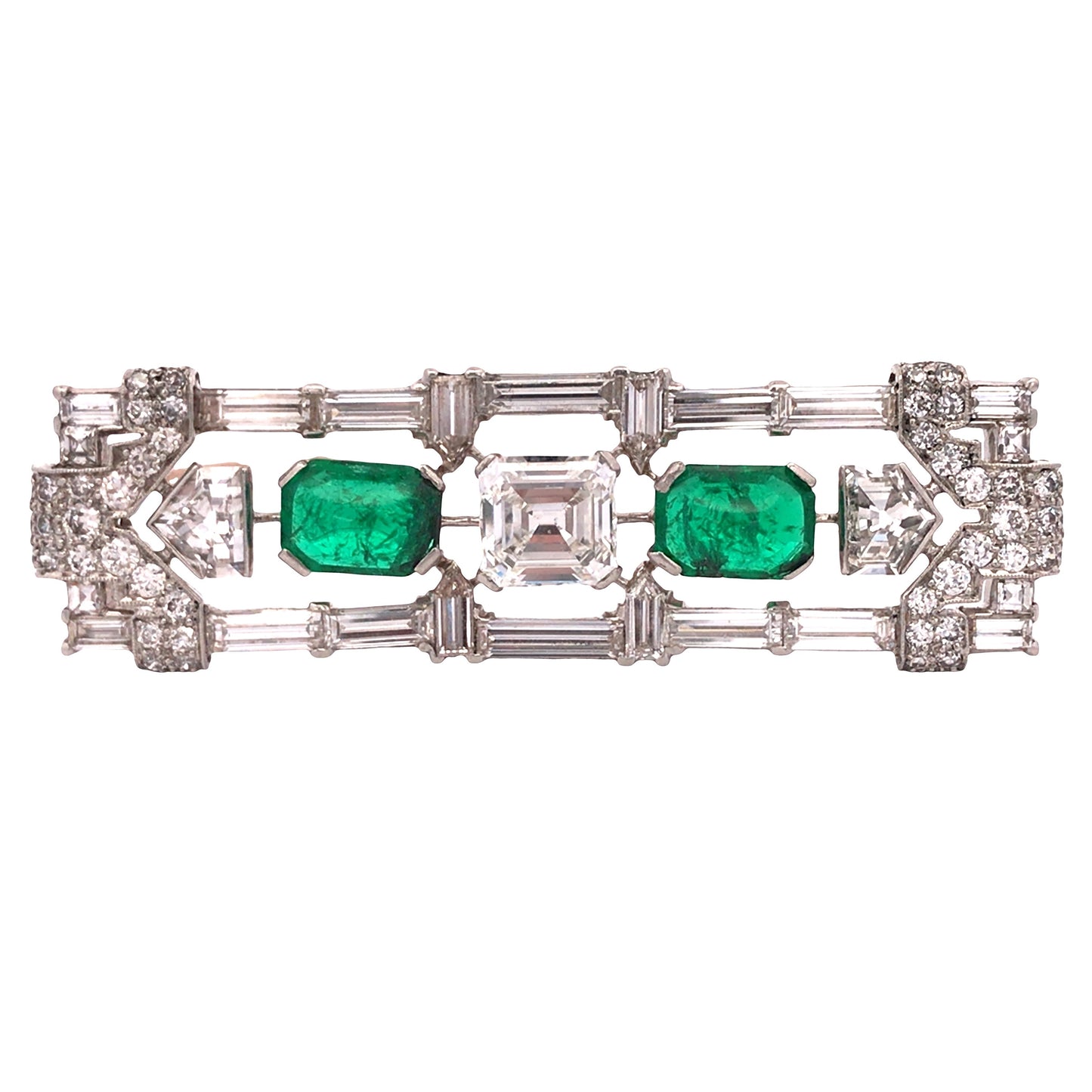 Art Deco Platinum Emerald Diamond Brooch Lueur Jewelry