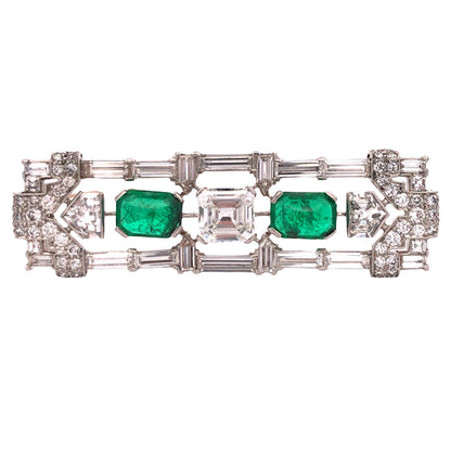 Art Deco Platinum Emerald Diamond Brooch Lueur Jewelry