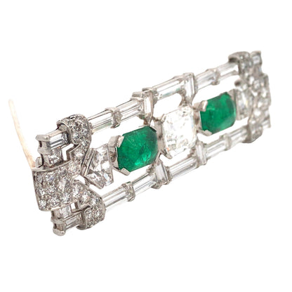 Art Deco Platinum Emerald Diamond Brooch Lueur Jewelry