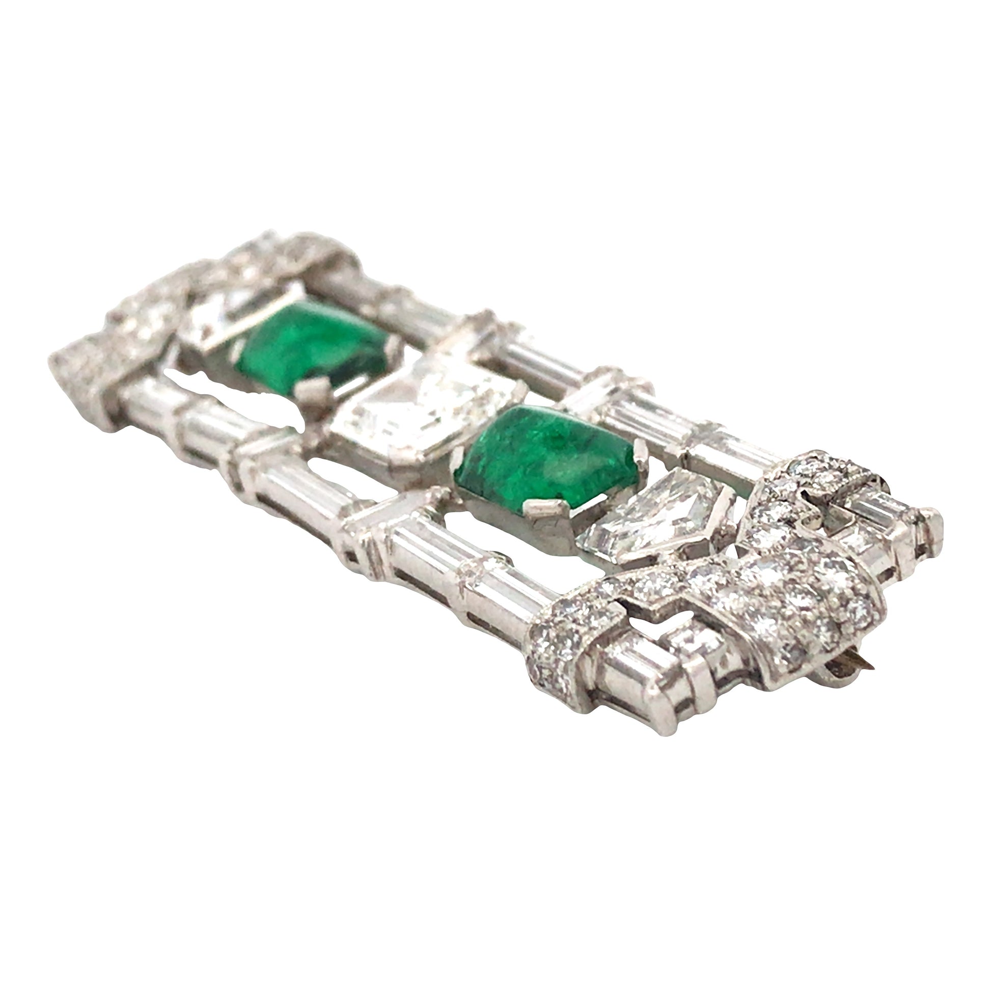 Art Deco Platinum Emerald Diamond Brooch Lueur Jewelry