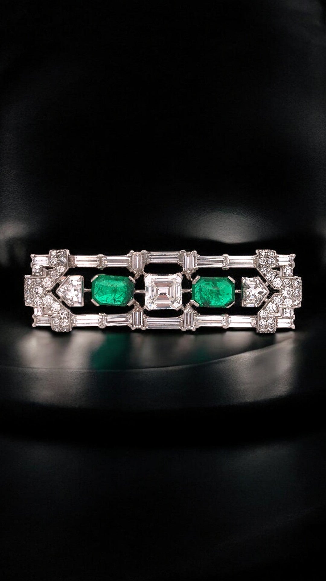 Art Deco Platinum Emerald Diamond Brooch Lueur Jewelry