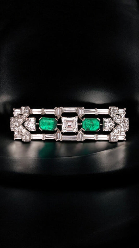 Art Deco Platinum Emerald Diamond Brooch Lueur Jewelry