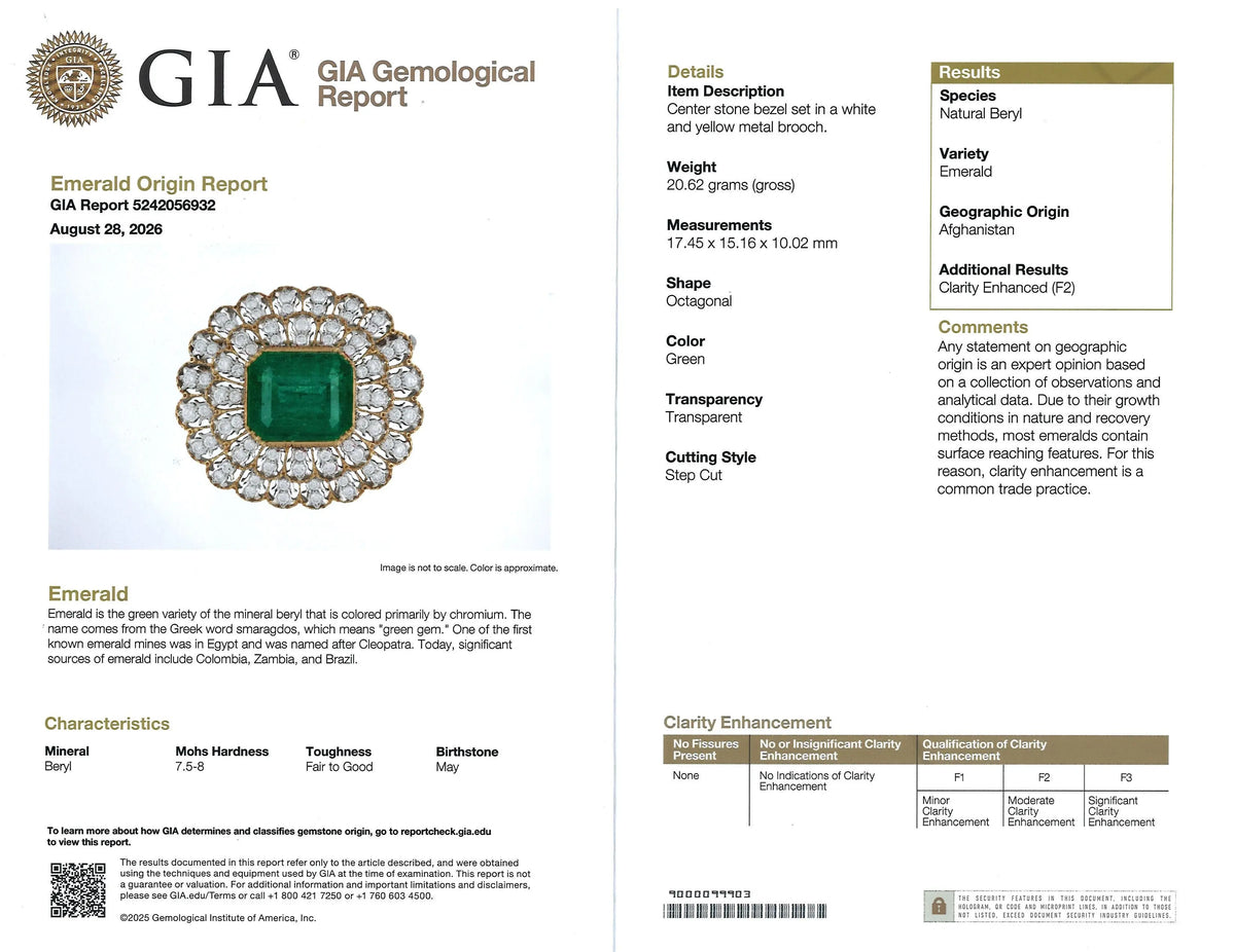 Buccellati, 18K Gold Emerald Diamond Brooch, Guild, GIA