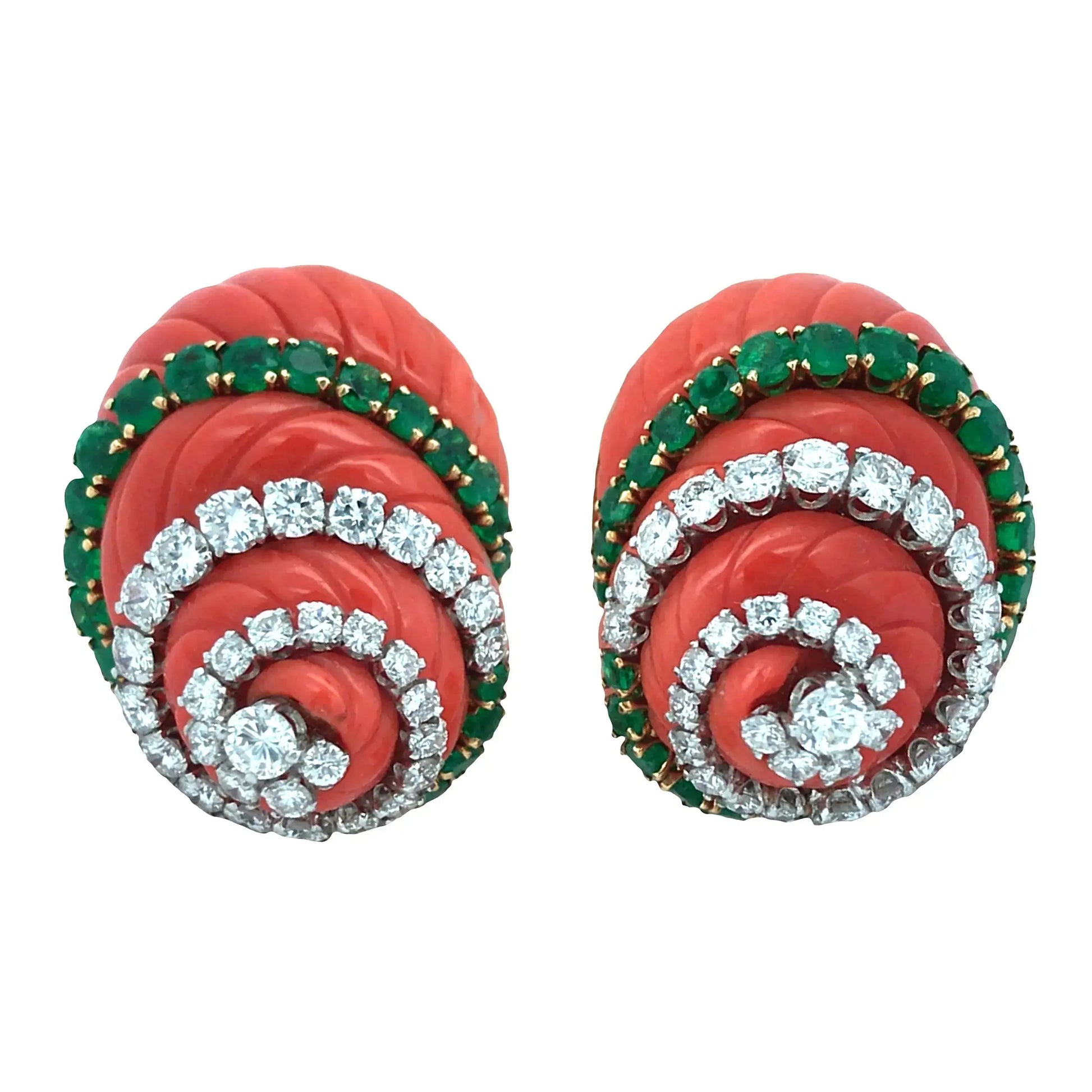 David Webb, Platinum 18K Gold Coral Emerald Diamond Earrings David Webb