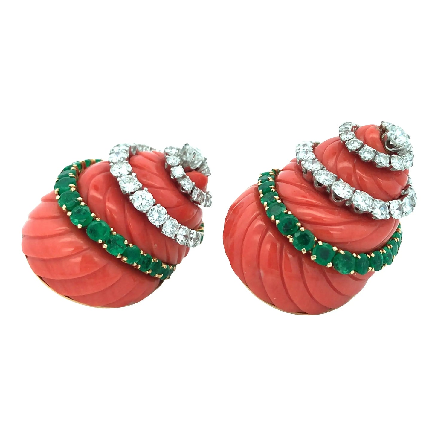 David Webb, Platinum 18K Gold Coral Emerald Diamond Earrings David Webb