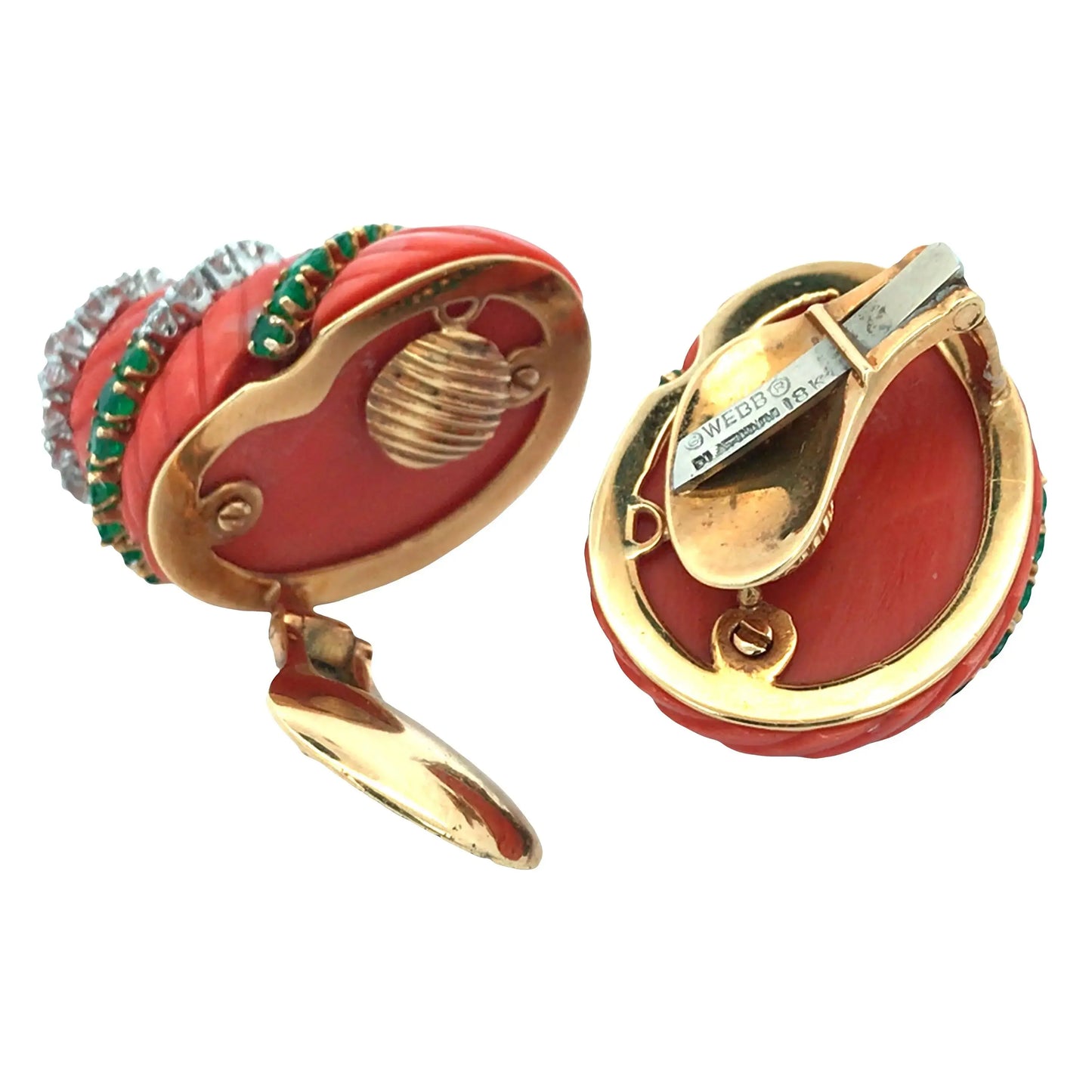 David Webb, Platinum 18K Gold Coral Emerald Diamond Earrings David Webb