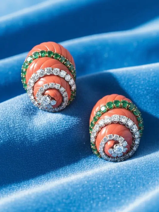 David Webb, Platinum 18K Gold Coral Emerald Diamond Earrings David Webb