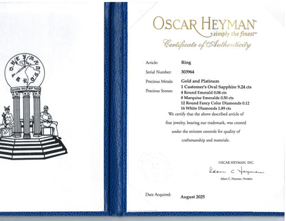 Oscar Heyman, Platinum Gold 9.24ct Sapphire Diamond Ring, Certificate Oscar Heyman