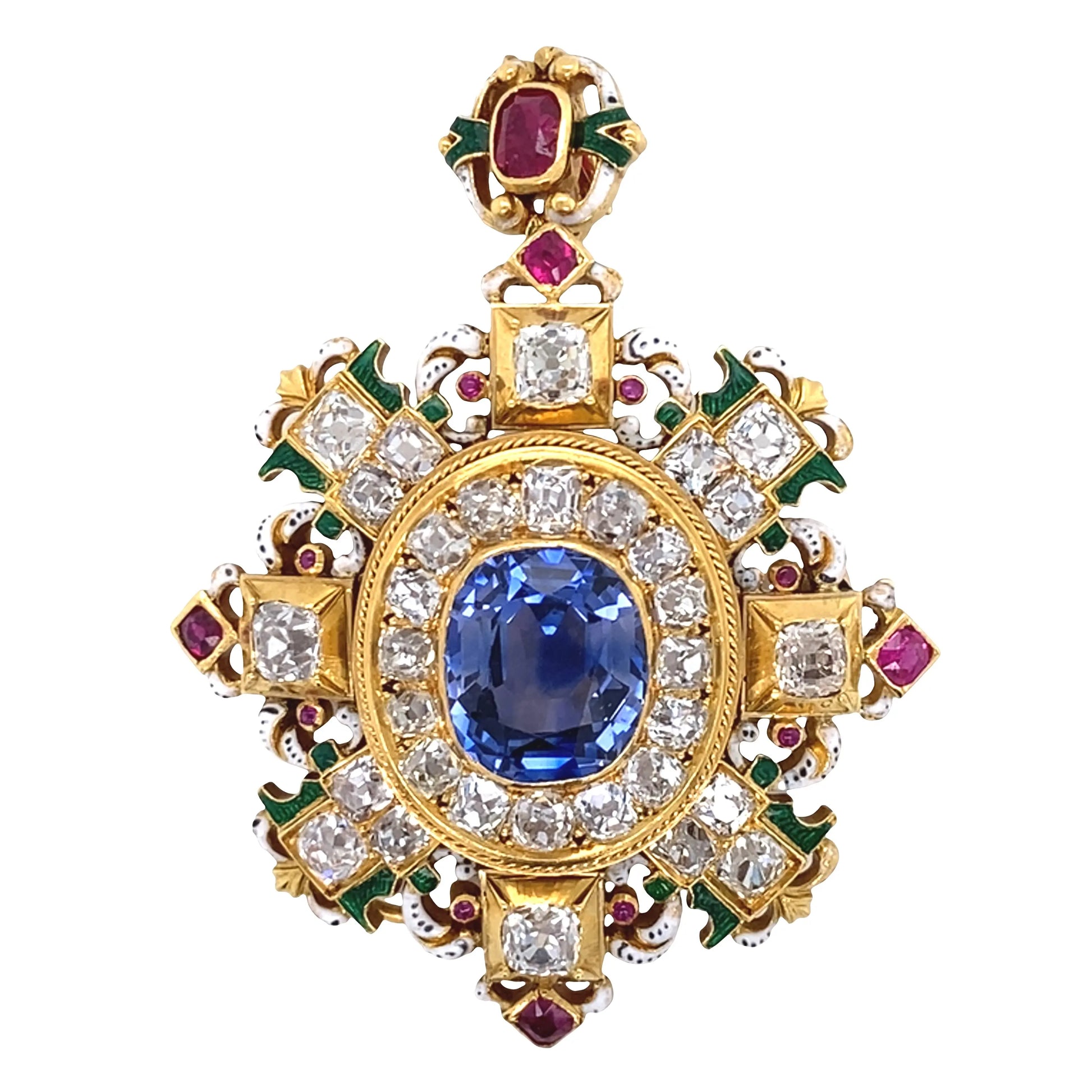 Sapphire Ruby Diamond Enamel Pendant Lueur Jewelry