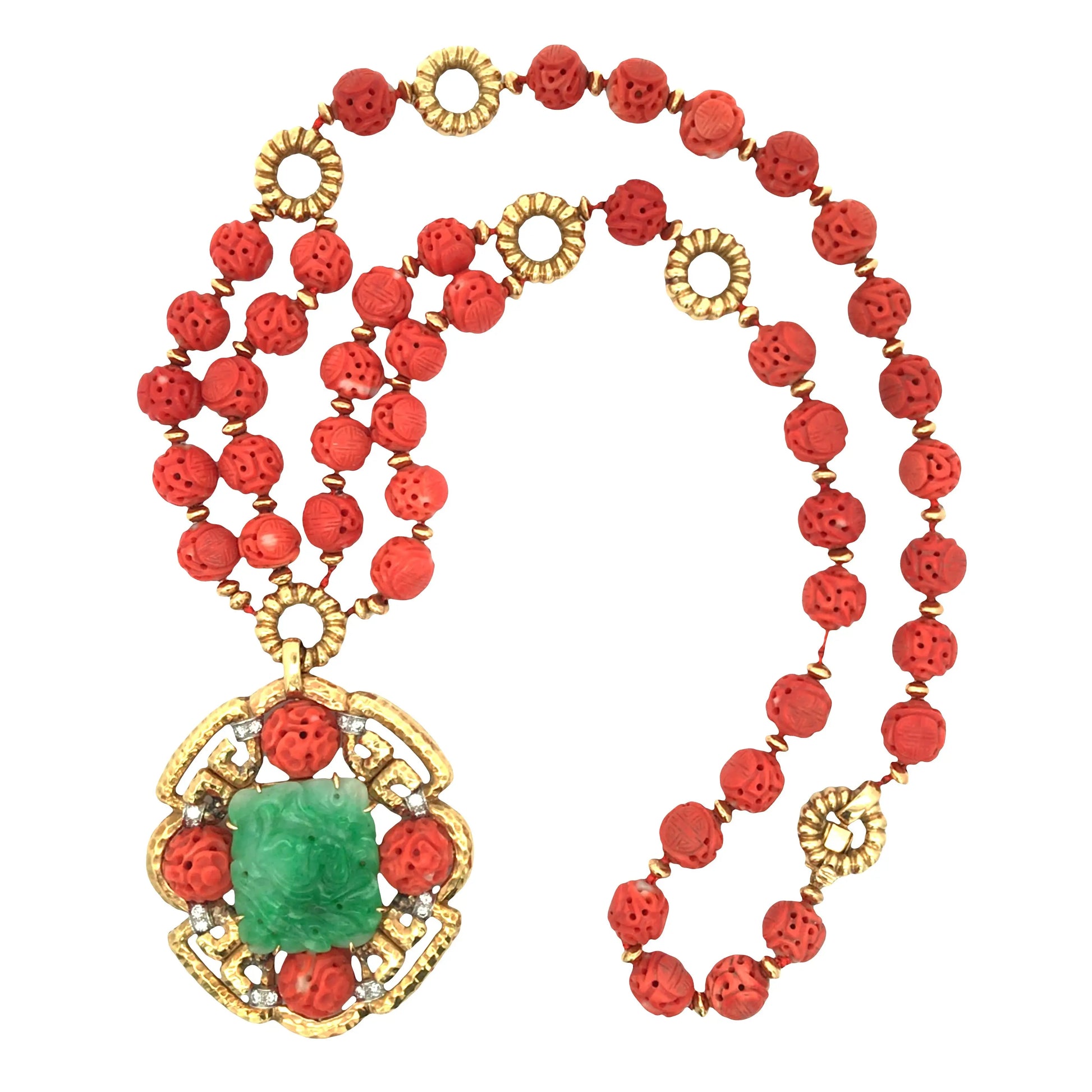 Van Cleef & Arpels, 18K Gold Carved Emerald Carved Coral Diamond Pendant Necklace VCA